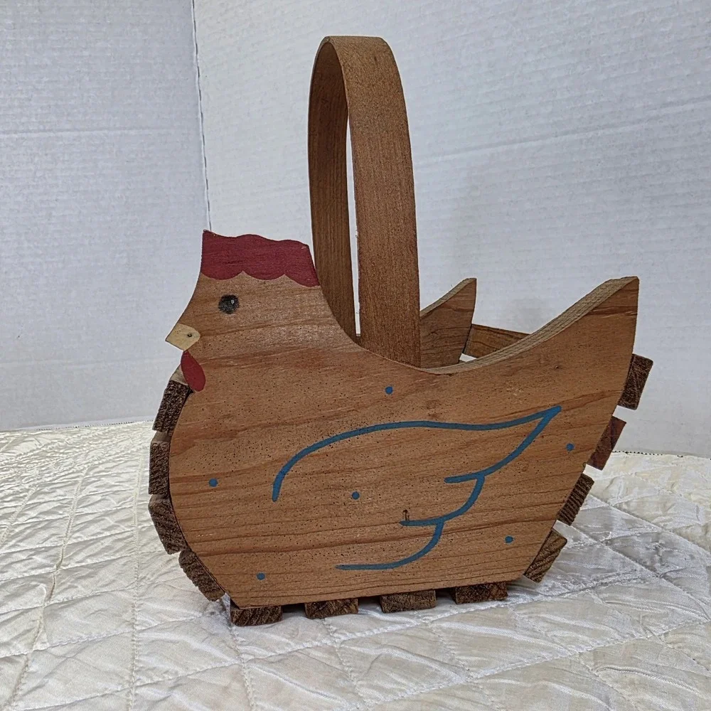 Vintage Cottagecore Wooden Eggs Basket Hearts Chickens Kitschy Country